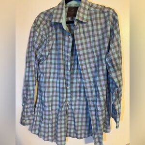 Tattersall Blue and grey plaid button-up shirt